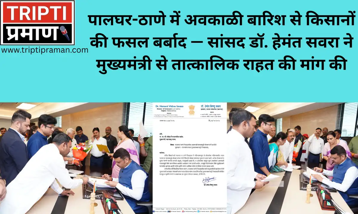 पालघर-ठाणे में अवकाळी बारिश से किसानों की फसल बर्बाद — सांसद डॉ. हेमंत सवरा ने मुख्यमंत्री से तात्कालिक राहत की मांग की |