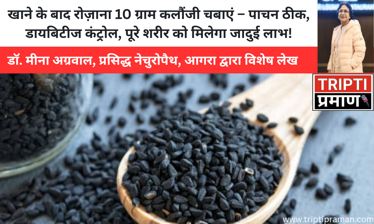 खाने के बाद रोज़ाना 10 ग्राम कलौंजी चबाएं – पाचन ठीक, डायबिटीज कंट्रोल, पूरे शरीर को मिलेगा जादुई लाभ!डॉ. मीना अग्रवाल, प्रसिद्ध नेचुरोपैथ, आगरा द्वारा विशेष लेख |