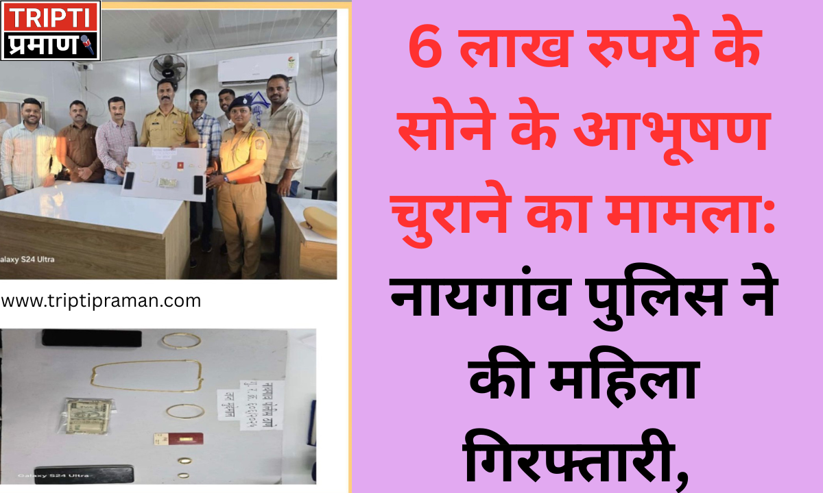 6 लाख रुपये के सोने के आभूषण चुराने का मामला: नायगांव पुलिस ने की महिला गिरफ्तारी, बरामद किया लगभग पूरा सामान |