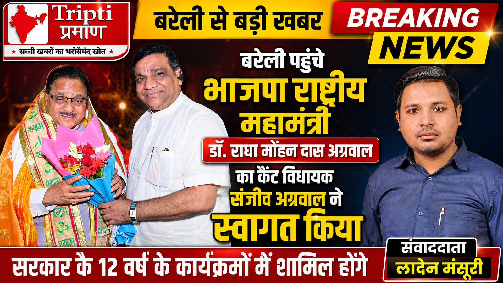 बरेली पहुंचे भाजपा राष्ट्रीय महामंत्री डॉ. राधा मोहन दास अग्रवाल, कैंट विधायक संजीव अग्रवाल ने किया भव्य स्वागत |