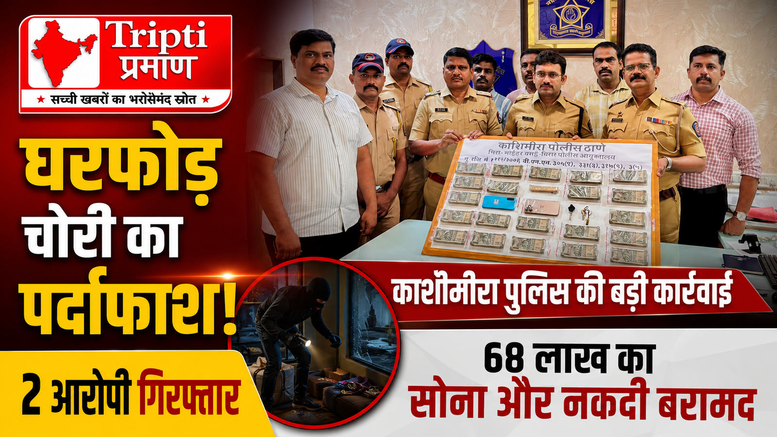 वसई-विरार: काशीमीरा पुलिस ने घरफोड़ चोरी का किया पर्दाफाश, दो आरोपी गिरफ्तार; 68 लाख रुपये का माल जब्त |