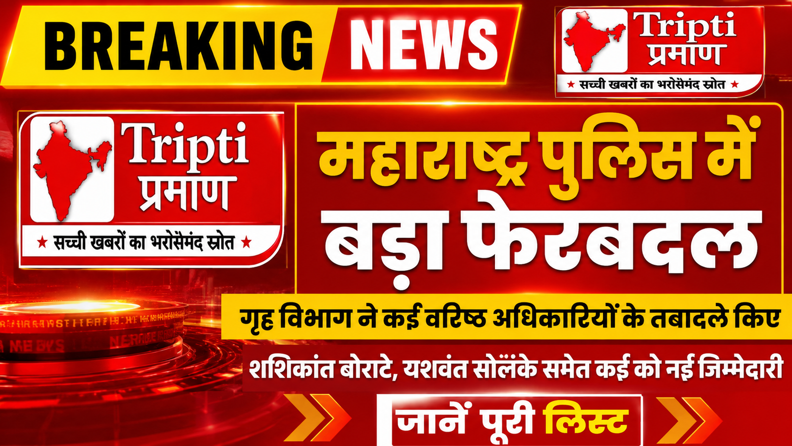 महाराष्ट्र पुलिस में बड़ा फेरबदल: कई वरिष्ठ अधिकारियों के तबादले, गृह विभाग ने जारी किए नए आदेश |