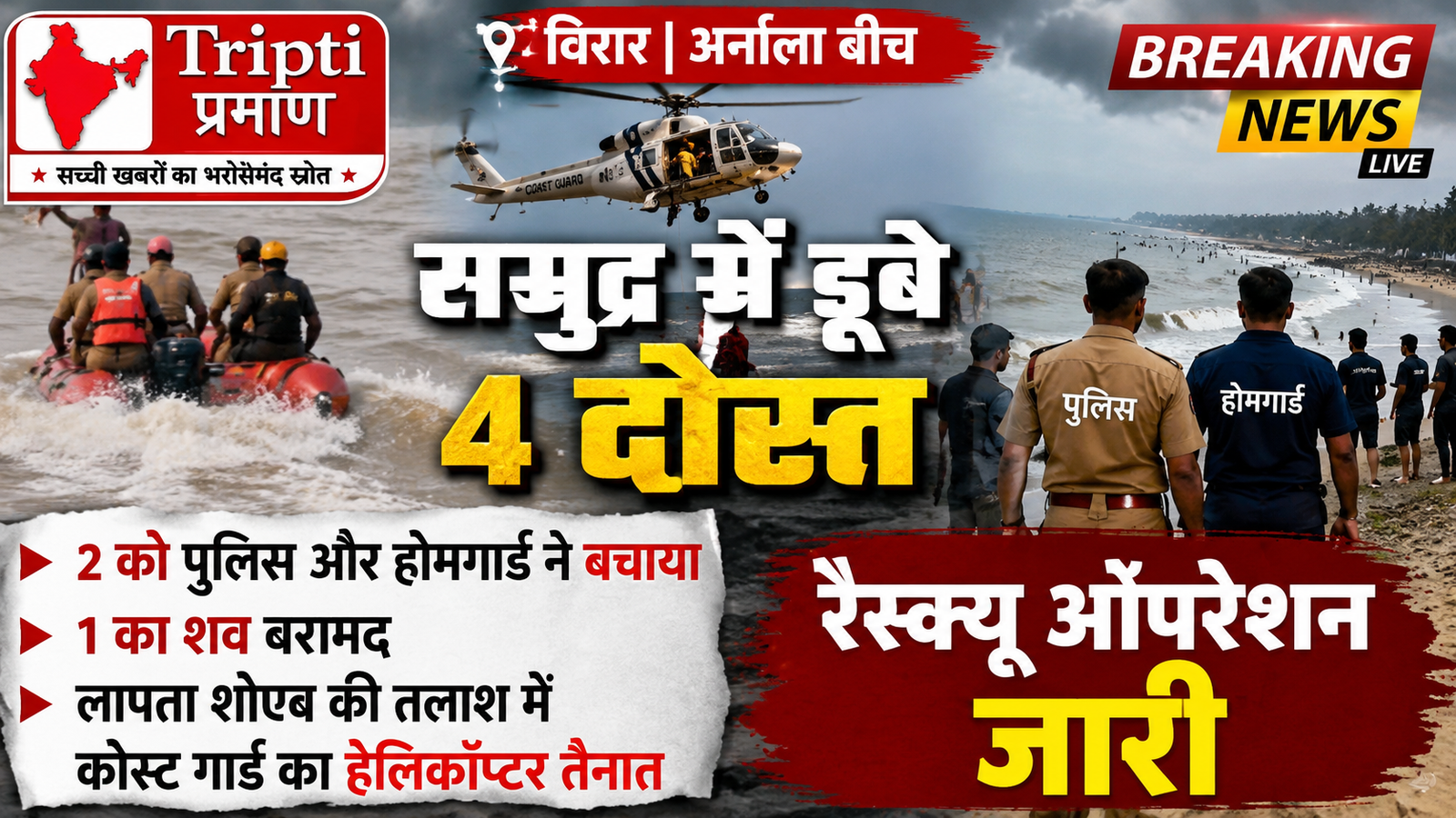 अर्नाला समुद्र तट पर बड़ा हादसा: लहरों की चपेट में आए 4 दोस्त, जांबाज पुलिसकर्मी और होमगार्ड ने 2 को बचाया; 1 का शव मिला, सर्च ऑपरेशन जारी |