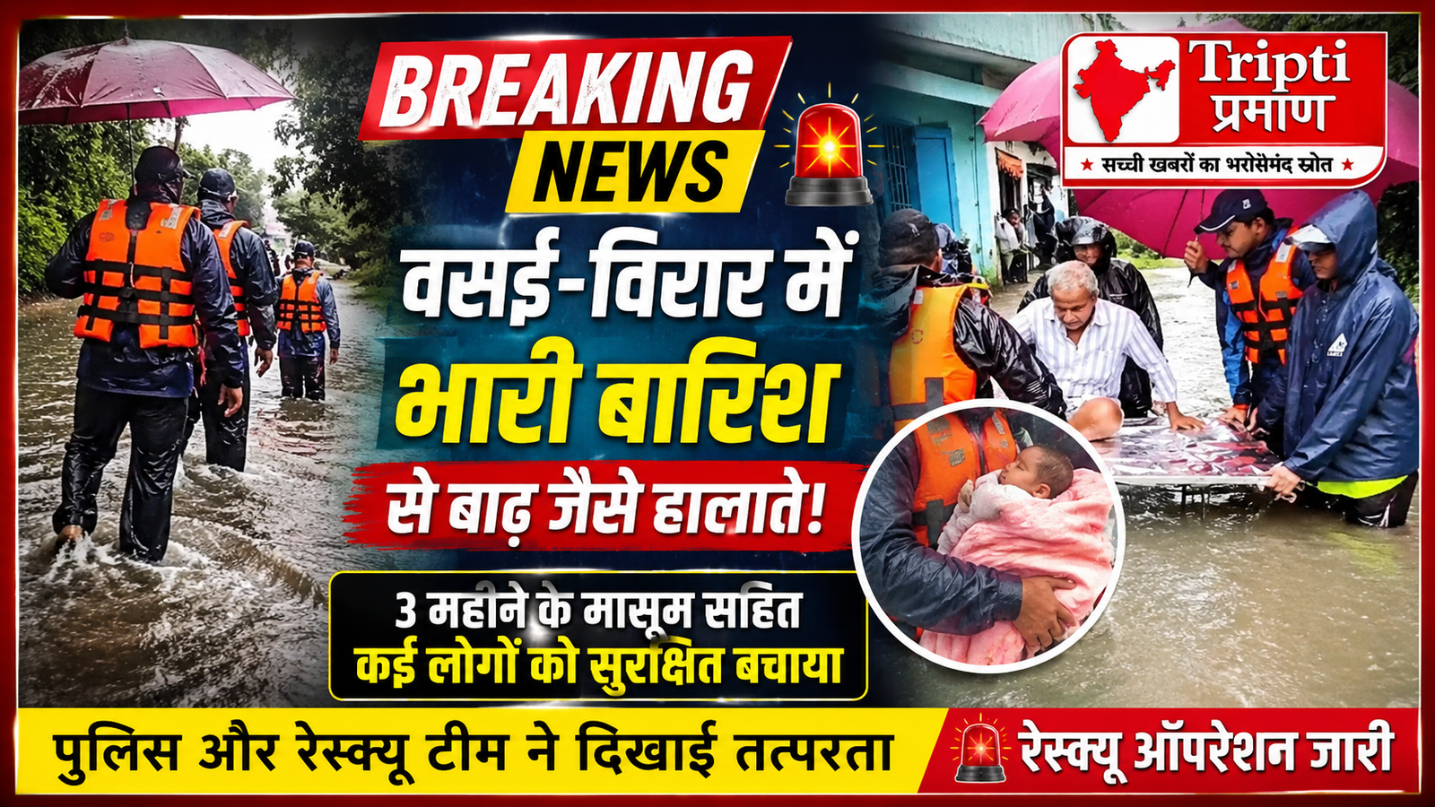 वसई-विरार में आफत की बारिश: जलमग्न इलाकों से 3 महीने के मासूम समेत दर्जनों लोगों का रेस्क्यू, पुलिस और फायर ब्रिगेड मुस्तैद |