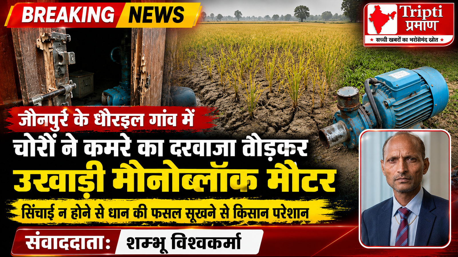 जौनपुर में बेखौफ चोरों का तांडव: कमरे का दरवाजा तोड़कर उड़ा ले गए मोनोब्लॉक मोटर, सिंचाई रुकने से धान की फसल सूखने की कगार पर |