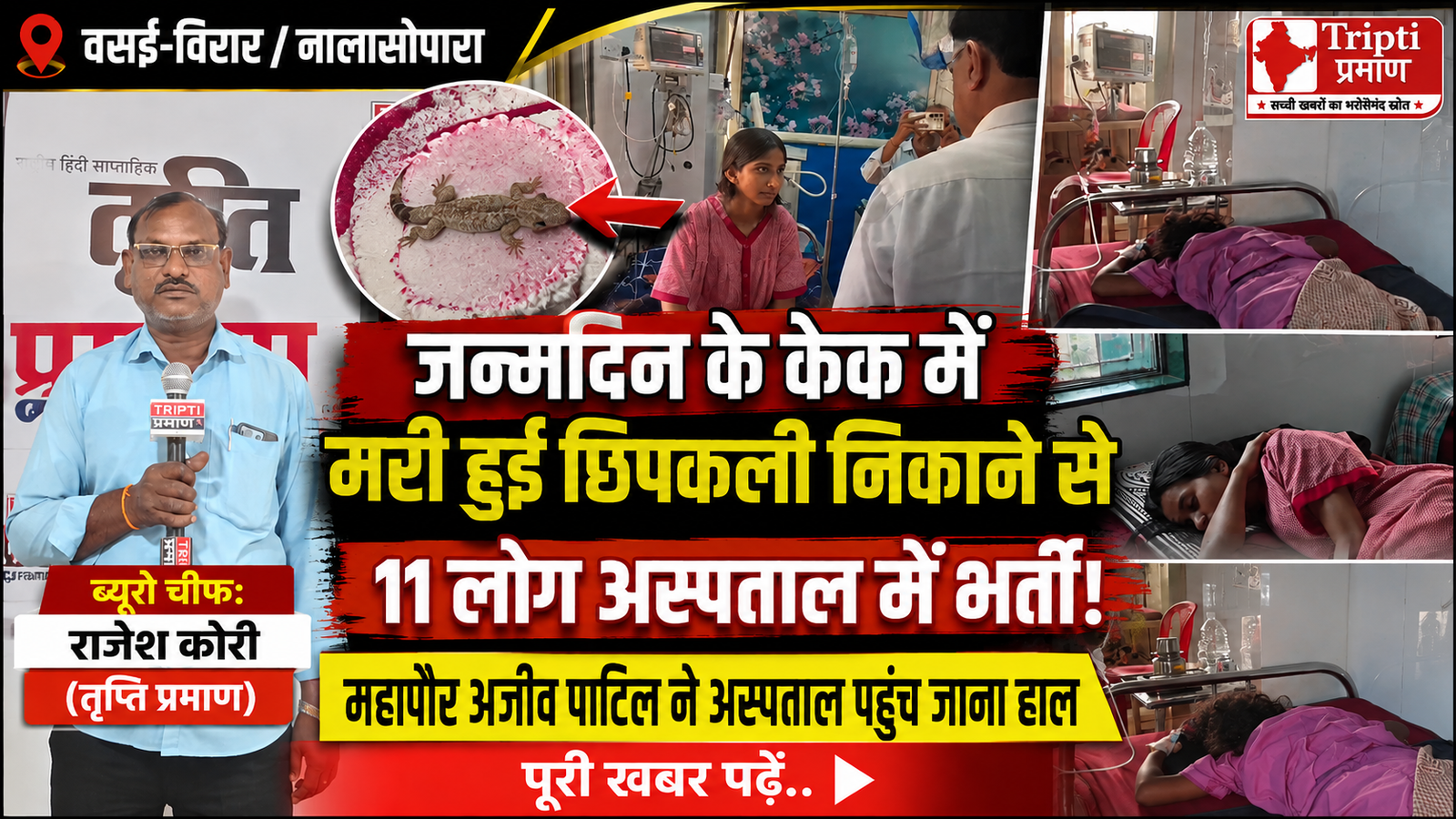 नालासोपारा में बेकरी की बड़ी लापरवाही: जन्मदिन के केक में मिली मरी हुई छिपकली, मासूम समेत 11 लोग बीमार; महापौर अजीव पाटिल ने लिया जायजा |