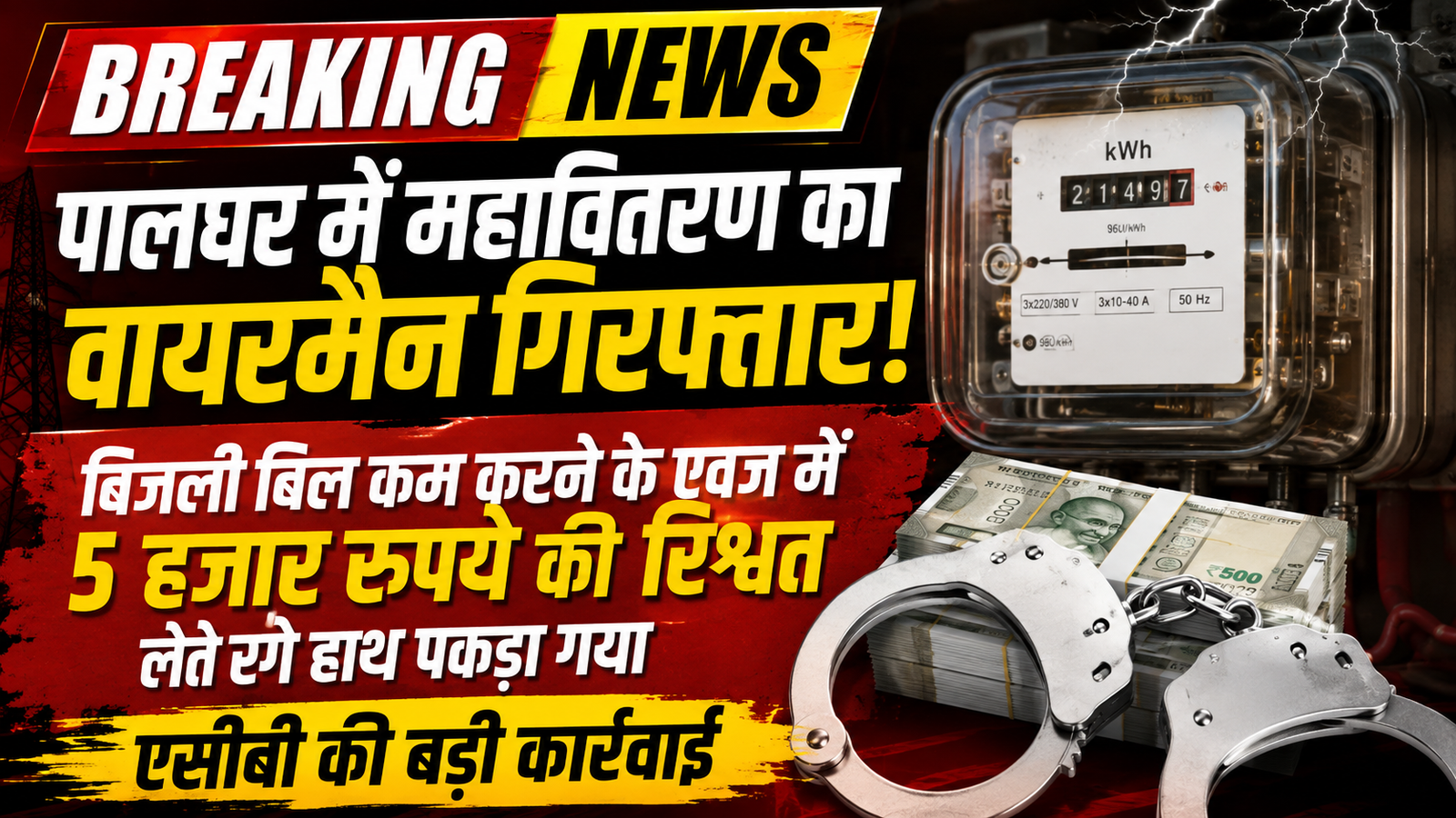 बिजली का ज्यादा बिल सेट करने के लिए मांगी 8 हजार की रिश्वत, वायरमैन 5 हजार लेते रंगेहाथ पकड़ा गया