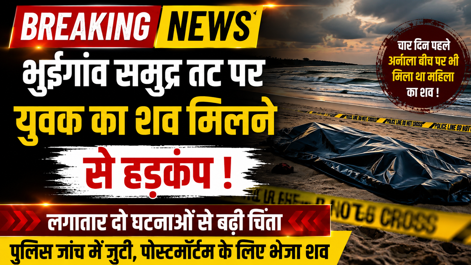 वसई के भुईगांव समुद्र तट पर अज्ञात युवक का शव मिलने से सनसनी, चार दिनों में दूसरी घटना से दहशत |