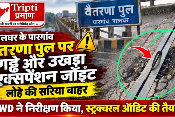 वैतरणा पुल पर गड्ढे और उखड़ा एक्सपेंशन जॉइंट, लोहे की सरिया बाहर |